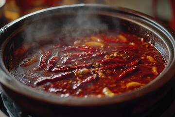 Canvas Print - A ceramic pot filled with spicy hot sauce and chilies, perfect for adding flavor to dishes