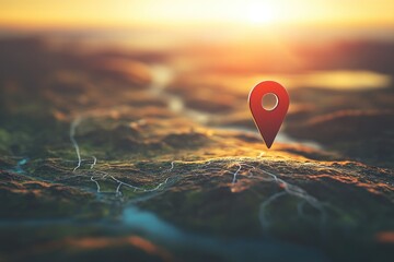 Fototapete - A red pin indicating a specific spot on a map