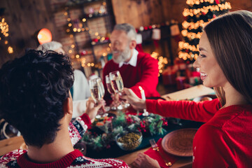 Poster - Portrait of big full friendly family clink champagne glass celebrate christmas dinner tree lights apartment indoors