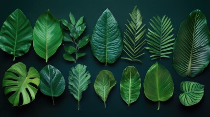 Poster - A collection of green leaves on a dark background, ideal for representing nature or the outdoors in your project