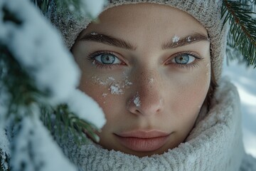 Wall Mural - A person peering around a tree, with snow covering their face