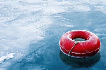 Poster - A red ring floats on the surface of a frozen lake