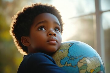 Wall Mural - A young boy holds a globe, symbolizing curiosity and exploration