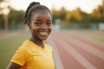 A young girl with a bright smile looking directly at the camera while standing on a track