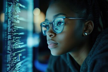 Poster - A young woman wearing glasses looks at a computer screen, possibly working or browsing