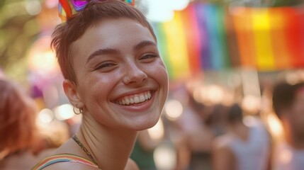 Poster - A colorful and playful woman wearing a vibrant rainbow bow on her head, suitable for illustrations or graphics