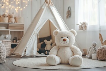 Modern child room with big soft bear toy