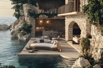 Aufkleber - A cozy outdoor living space with a beautiful ocean view, perfect for relaxing and taking in the scenery