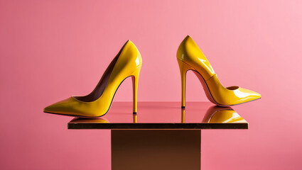 chic yellow patent leather stiletto shoes on a colored background fashionable