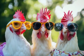 Wall Mural - Group of chickens dressed in sunglasses enjoying the sun, great for a humorous or creative concept