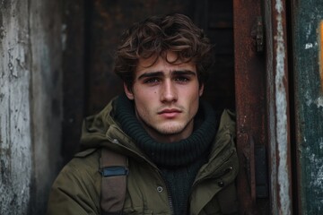 Poster - A young man dressed in casual attire with a green jacket and scarf, ideal for use in lifestyle or fashion photography
