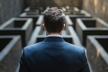 Aufkleber - A person wearing a suit stands in front of a complex maze, perfect for use in business or finance related contexts