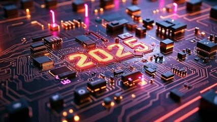 Poster - Digital circuit board showcasing the year 2025 illuminated with vibrant lights and technology