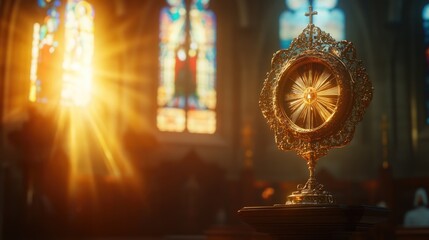 Poster - A golden clock sits atop a wooden table