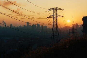Aufkleber - Power lines against city skyline during sunset