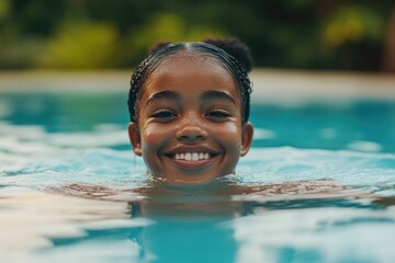 Poster - A young girl smiles and enjoys the sun while floating in a swimming pool