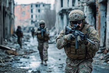 Wall Mural - Soldier with assault rifle in military uniform is ready for storm in city streets