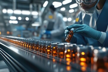 Poster - Scientist examining samples on moving conveyor belt, ideal for medical or industrial use