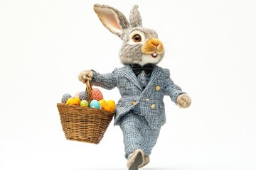 Poster - A plush toy rabbit holding a basket of colorful Easter eggs