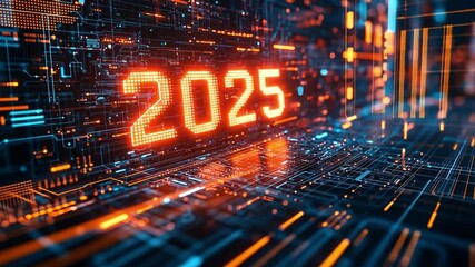 Poster - 2025 in glowing circuitry and neon elements on a futuristic backdrop