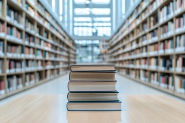 Poster - A stack of books sits on a wooden table, perfect for decorating or showing off your literary collection