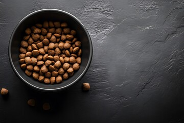 Black bowl full of dry food on a dark background