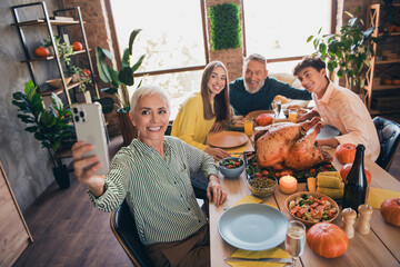 Wall Mural - Portrait of big full family smart phone make selfie meeting gathering thanksgiving celebration dinner flat indoors