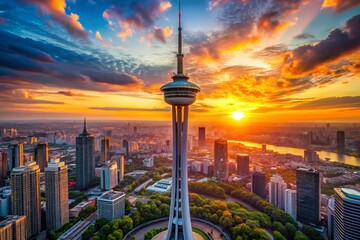 Sticker - Iconic tower soaring into the sky with a vibrant sunset backdrop and cityscape below in view