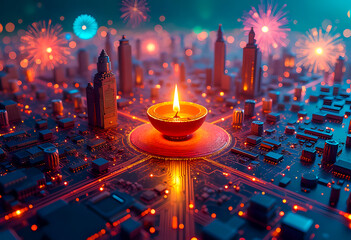 Diwali in Futuristic City: 3D electronic board transformed into high-tech metropolis with traditional diya & firecrackers.