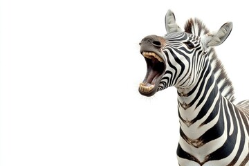 Poster - Close-up shot of a zebra's face with its mouth open, perfect for use in animal-themed designs or illustrations