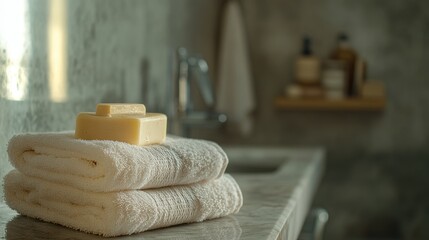 Aufkleber - Stack of white towels resting on a countertop, perfect for bathroom or spa settings