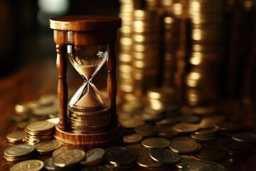 Poster - An hourglass sitting on top of a pile of coins, perfect for illustrations about time and money