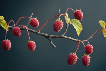 Poster - Fresh raspberries hanging from a branch, perfect for a still life or food photography scene