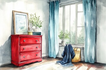 Poster - A decorative red dresser placed in a cozy room setting