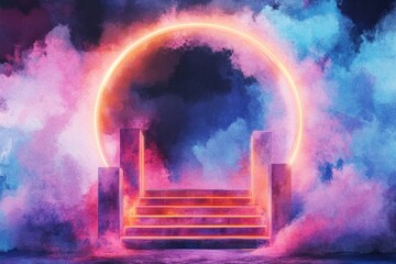Poster - A stairway leads to a bright neon circle, perfect for use in futuristic or sci-fi themed designs
