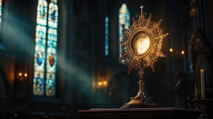 Aufkleber - A clock sits on a table in a church, providing a sense of time and place for worshippers