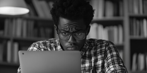 Wall Mural - A person sitting at a desk with a black and white photo of a man using a laptop