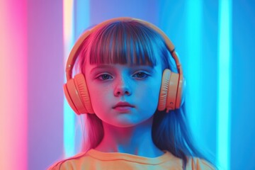 Canvas Print - A young girl wearing headphones sits in a bright, neon-lit room