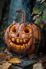Poster - A carved pumpkin sitting on top of a pile of dry leaves, perfect for fall or Halloween-themed images