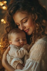 Canvas Print - A woman holds a baby in her arms, a heartwarming moment of maternal love