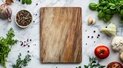 A wooden cutting board surrounded by fresh herbs, garlic, tomatoes, and peppercorns on a white marble surface.