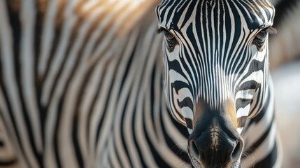 Aufkleber - Close-up view of a zebra's face with a blurred background, ideal for use in wildlife or nature-themed designs
