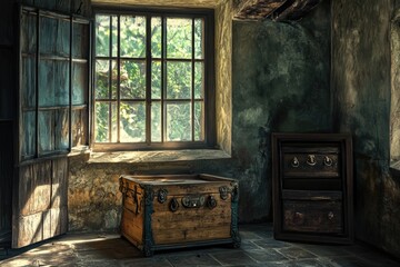 Canvas Print - A wooden chest sits next to a window, possibly containing treasures or secrets