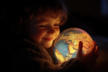 Wall Mural - A young boy holds a radiant orb, ideal for illustrations, designs or conceptual art