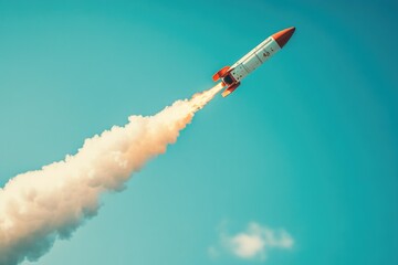 Poster - A single rocket flying through a clear blue sky, with bright colors