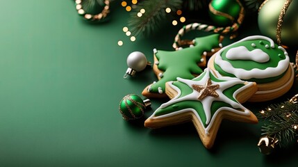 Decorative Christmas cookies in festive shapes, surrounded by green ornaments and twinkling lights on a rich green background.