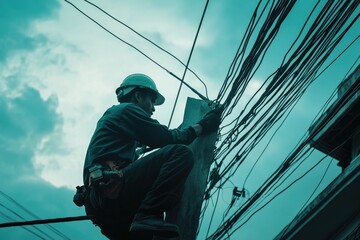 Aufkleber - Man repairing wires on a telephone pole