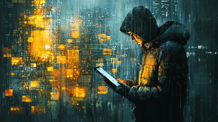Hooded figure in a digital world with vibrant glowing graphics