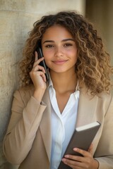 Poster - A woman with curly hair is on her cell phone, possibly in conversation or checking messages