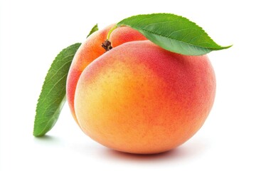 Aufkleber - Fresh peaches with green leaves on a clean white background